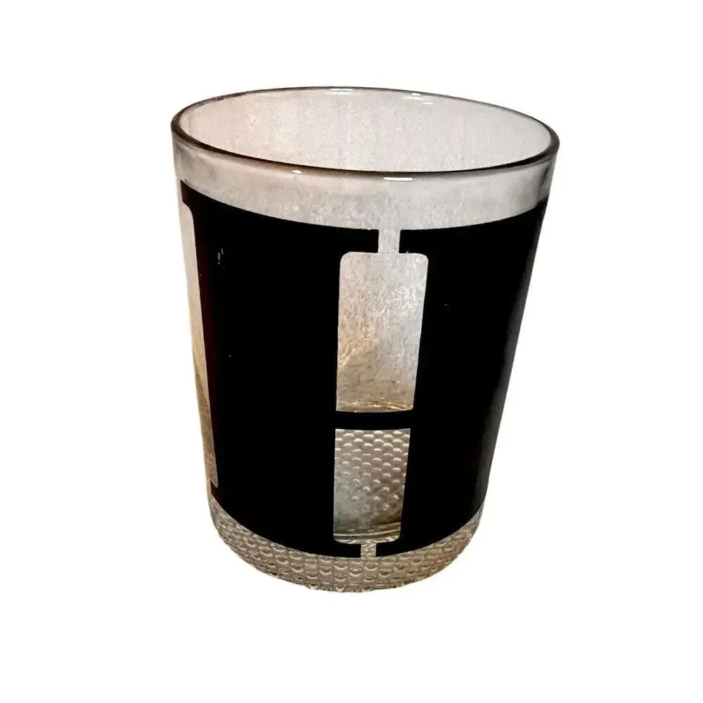 Vintage Modern Glass Monogram Lowball Black Bold Letter H Glassware 4in Tall